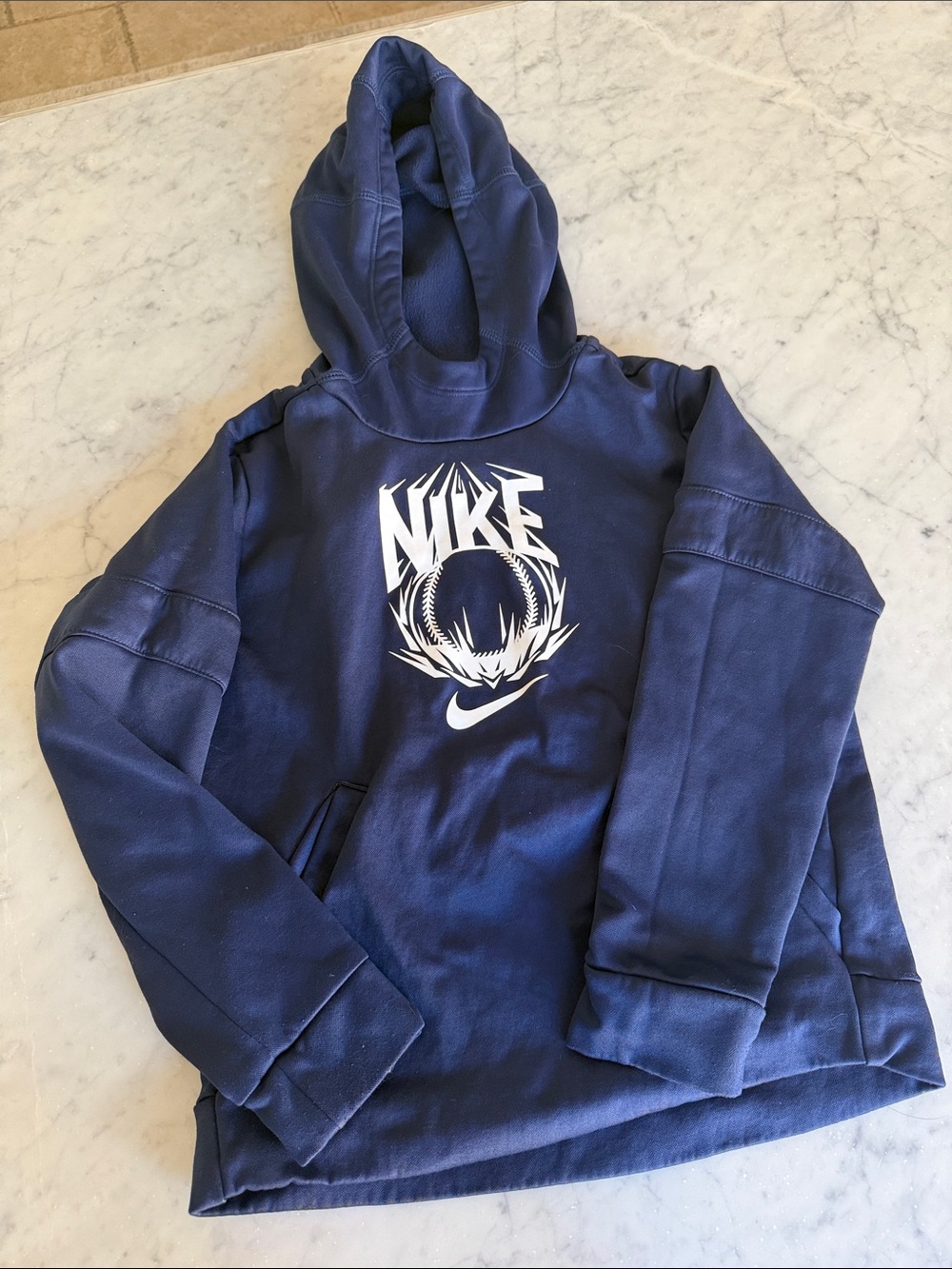 Nike Navy Blue Hoodie with White Graphic size small kids (6-7)